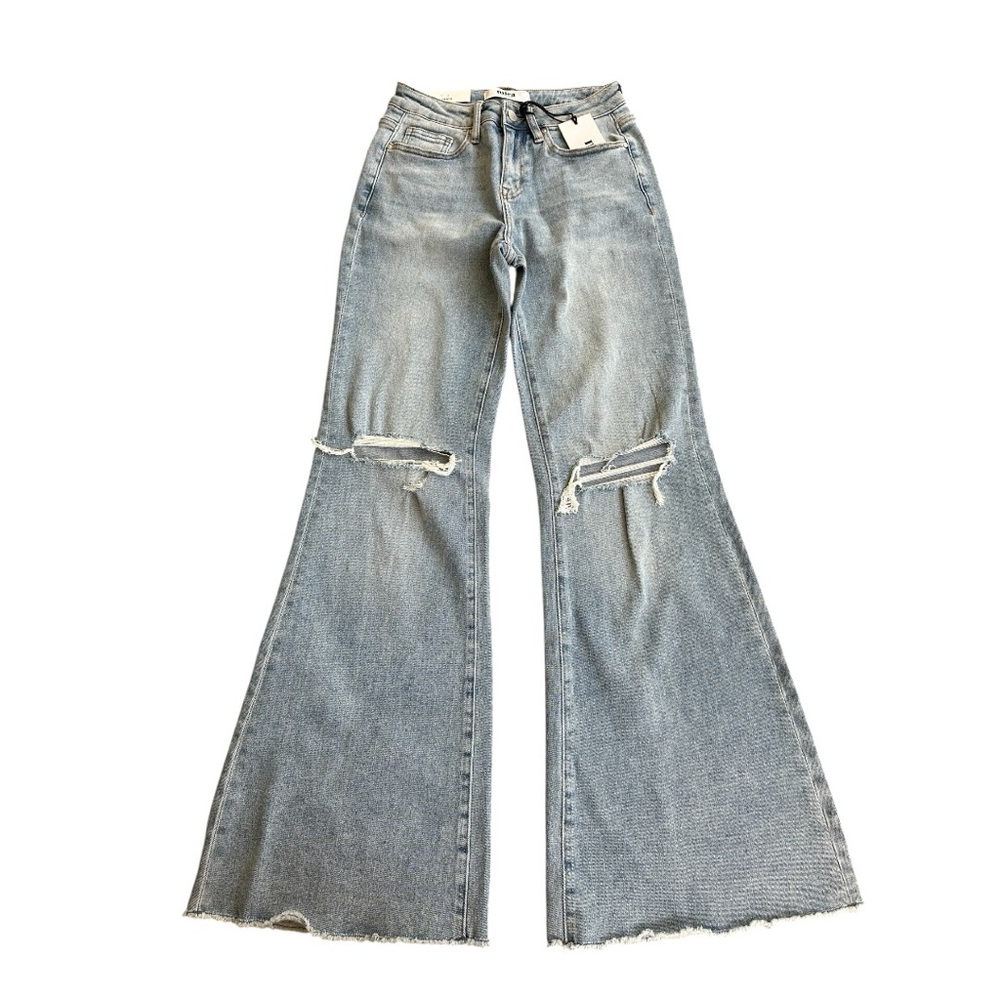 NWT Mica Y2K Distressed Flare Super Wide Leg Blue Jeans – Size 24 - Picture 3 of 16